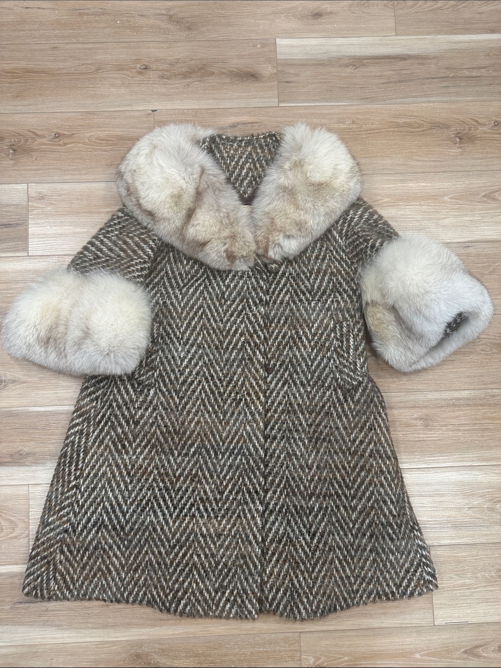 Vintage Herringbone Coat Genuine Fur Collar and Cuffs